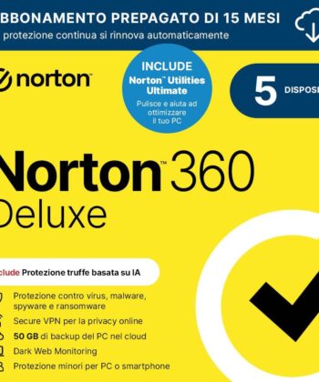 Norton 360 Deluxe 2025 + Utilities Ultimate | Antivirus 5 dispositivi | 50 GB backup | 15 mesi rinnovo automatico | 1 Utente | Codice d'attivazione via email”
