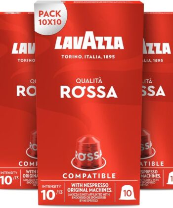 Lavazza, qualità rossa, 100 capsule di caffè in alluminio compatibili con macchine Nespresso originali, con note di cioccolato e frutta secca, Arabica e robusta, intensità 10/13, arrosto medio
